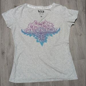 Women's Heather Gray V-Neck Tee with Purple & Blue Medallion